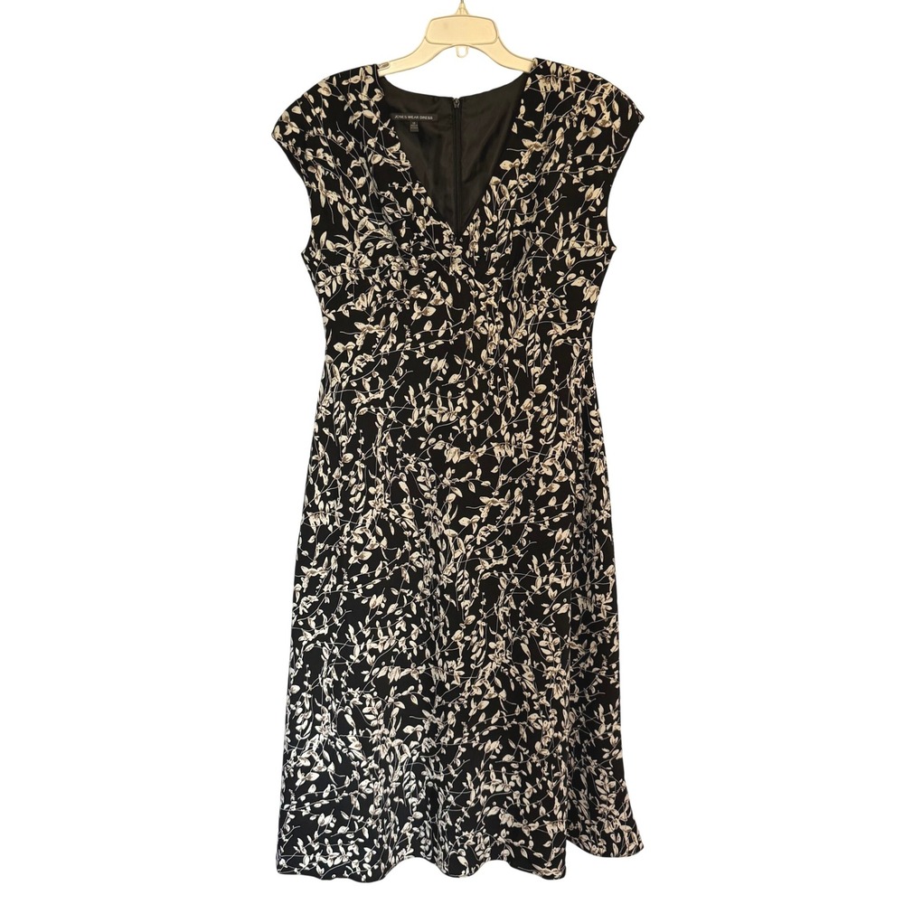 Jones Wear Floral Botanical Women Midi A-Line Dress Black White Polyester